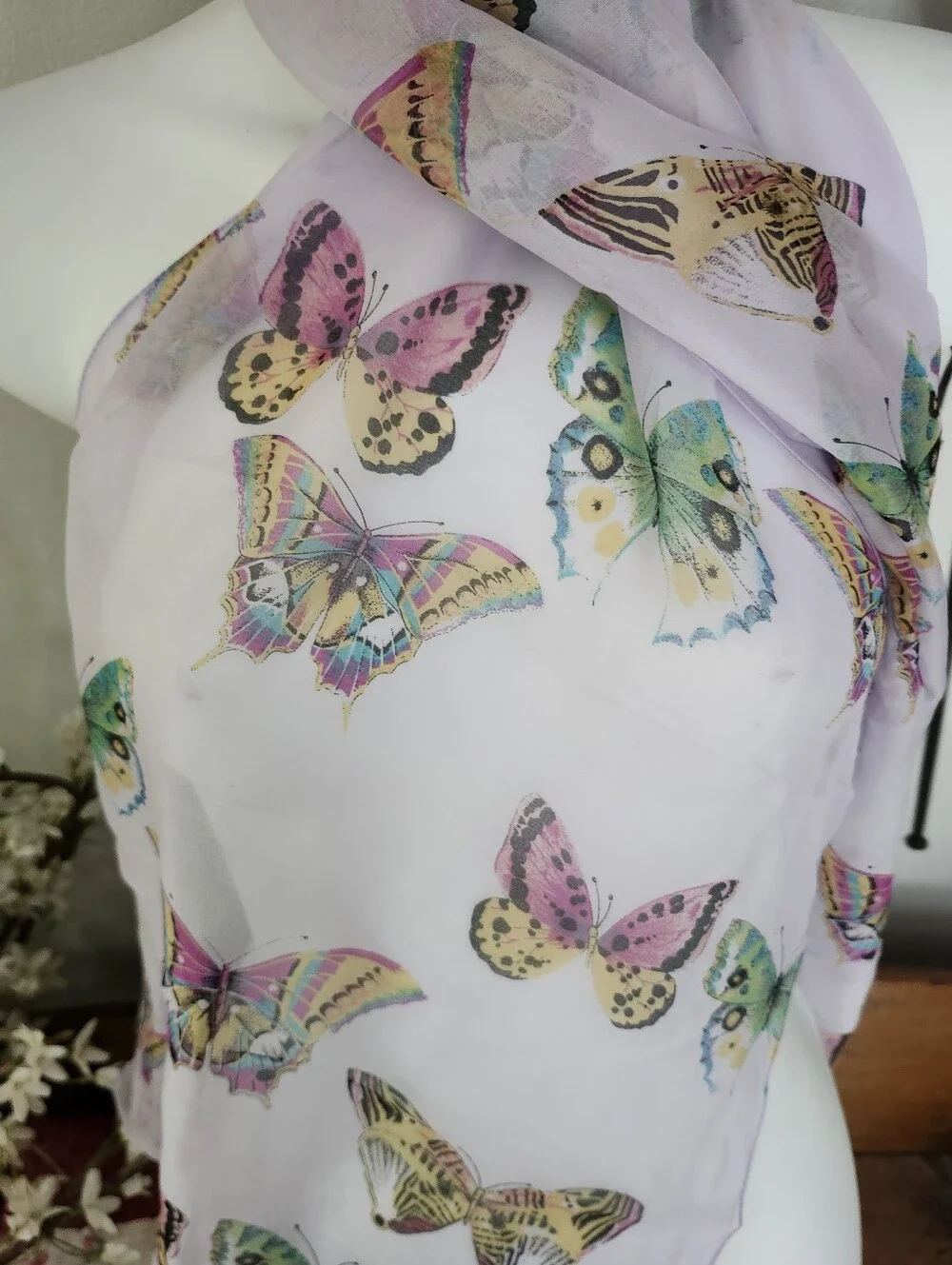 Light Purple Butterfly Print Silk Scarf 14x59